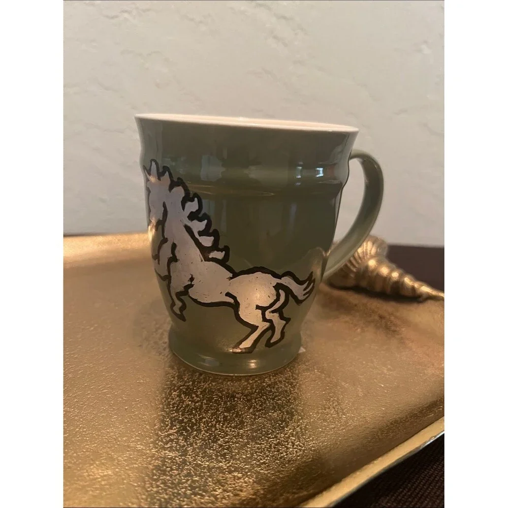 #2240**Hand painted Green Ceramic Mug W/ Silver White Horse Thunder (WHT)